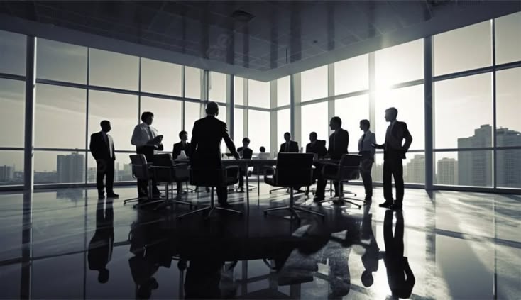Corporate meeting at sunset